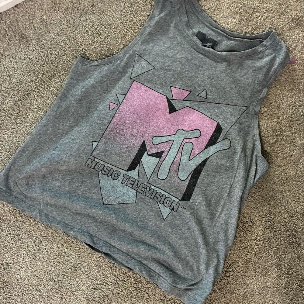 MTV Music Television Graphic Muscle Tank Gray Pink Blue Y2K Retro Sleeveless M